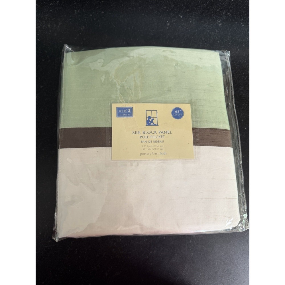 New Pottery Barn Kids Silk Block Curtain Panels Set 2 63" Length Green Ivory